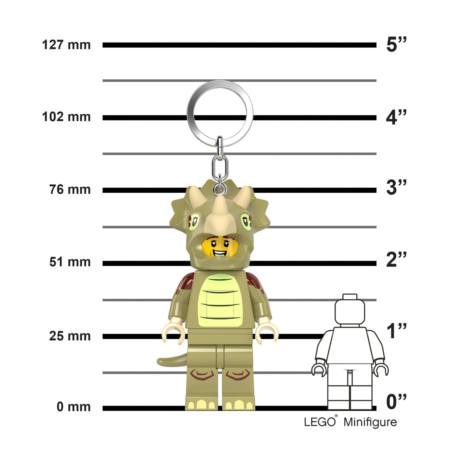 LEGO character keychain with size measurement chart