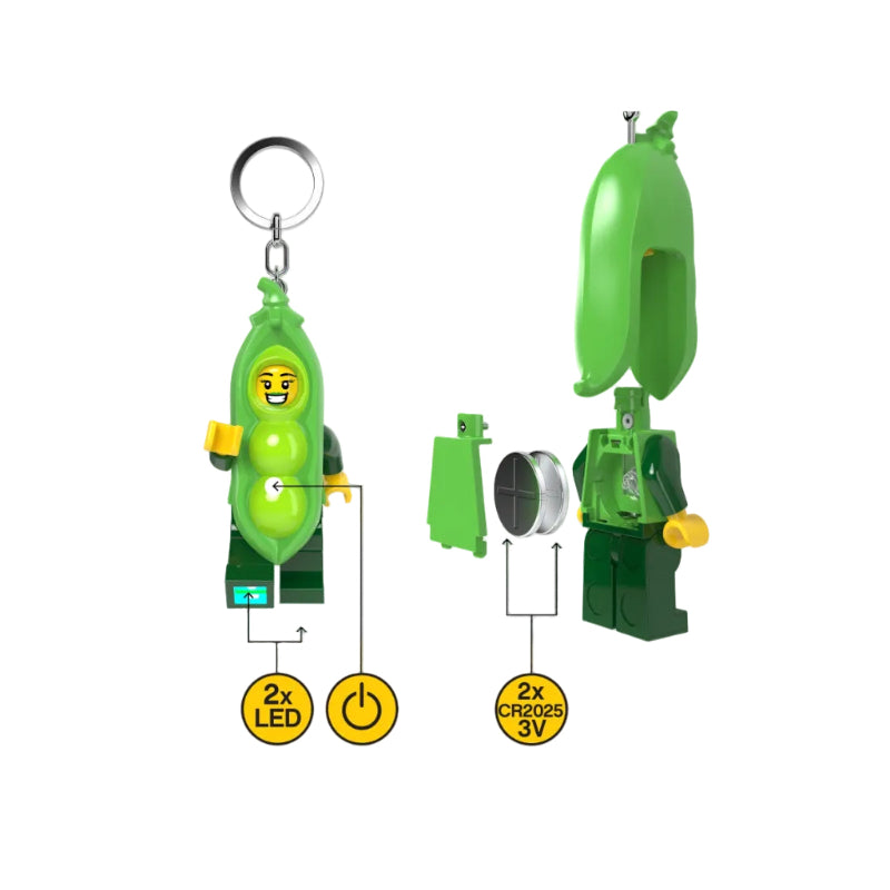 Green pea character keychain with LED light and battery details on a white background