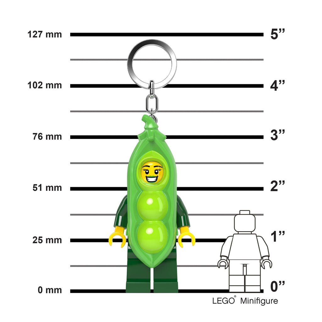 LEGO character keychain with measurements against a white background