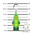 LEGO character keychain with measurements against a white background