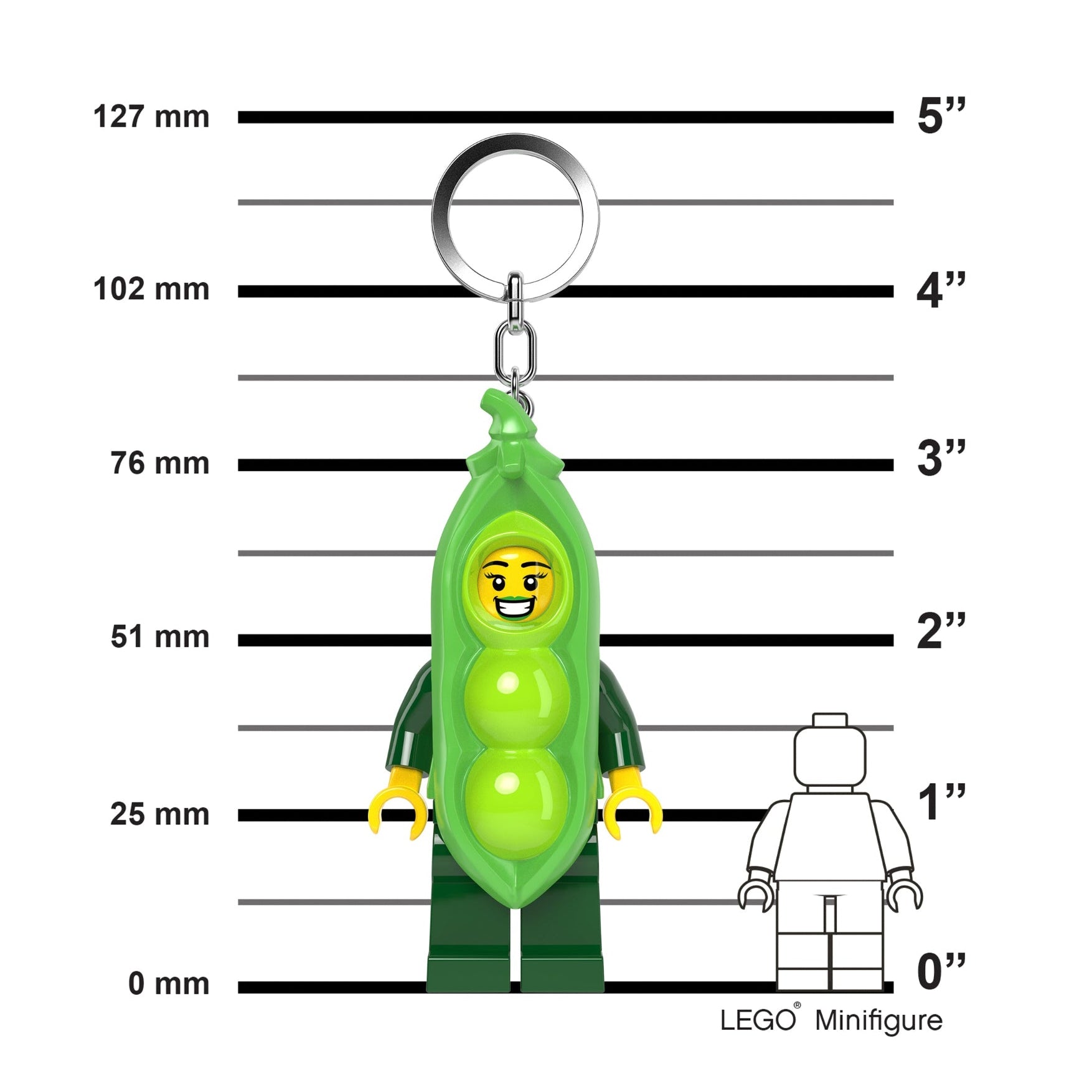LEGO character keychain with measurements against a white background