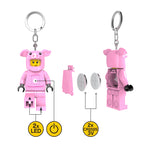 Pink LEGO-style keychain figure with battery details on a white background