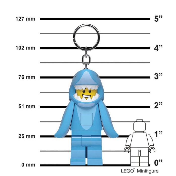 Blue hooded figure keychain with measurements against a white background