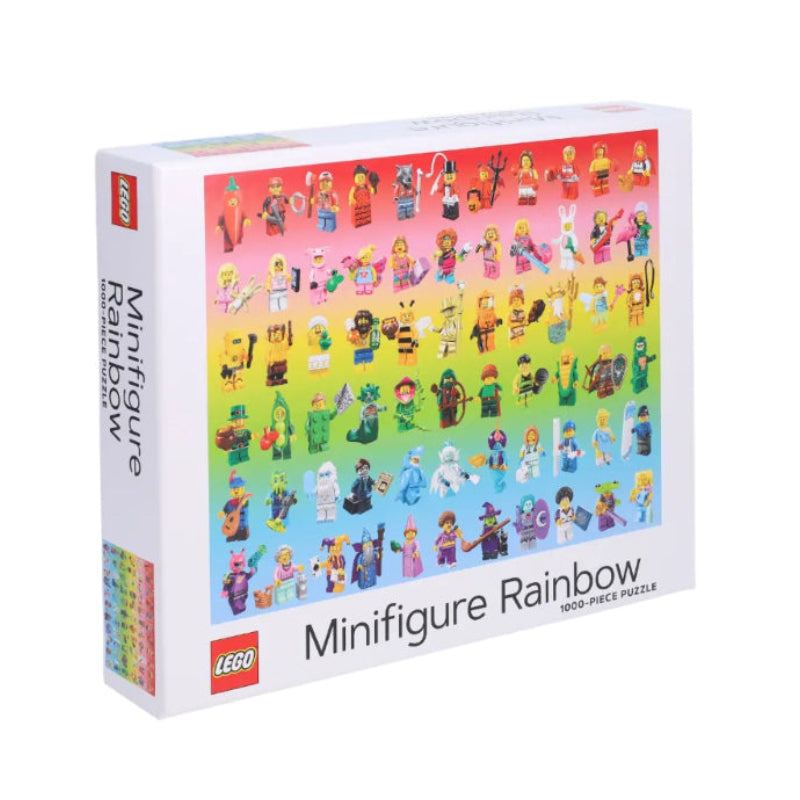 LEGO Minifigure Rainbow puzzle box with colorful minifigures on a gradient background