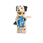 Toy figure of a dog with a blue circular object on a white background
