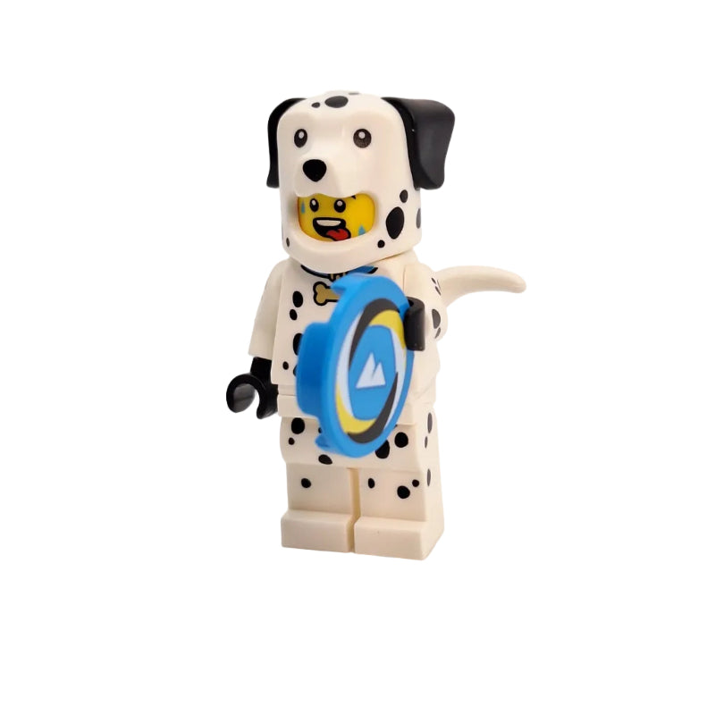 Toy figure of a dog with a blue circular object on a white background