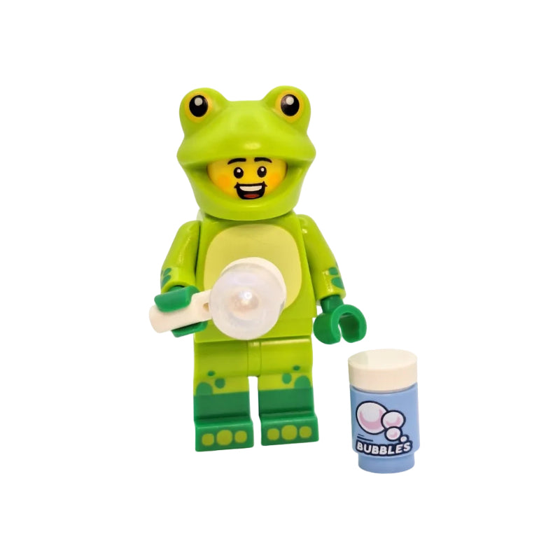 LEGO figure of a person in a green frog costume holding a bubble wand and container on a white background