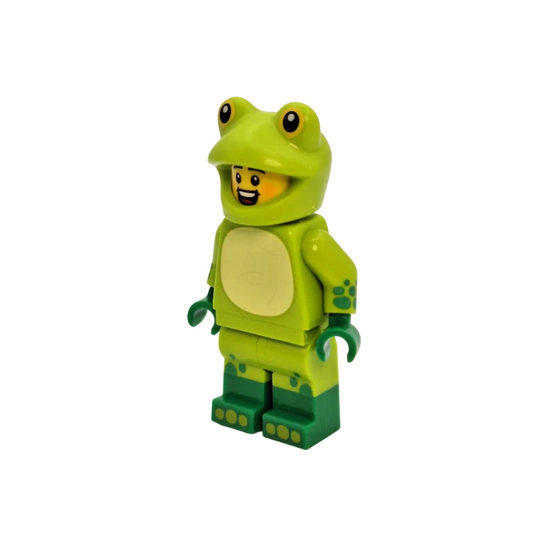 LEGO minifigure in a green frog costume on a white background