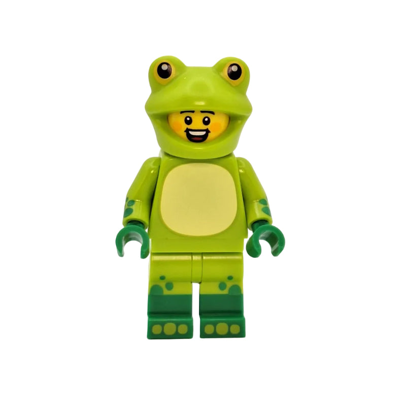 Toy figure of a green frog with a smiling face on a white background