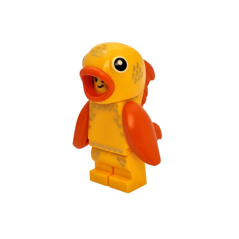 Toy figure of a yellow and orange character on a white background