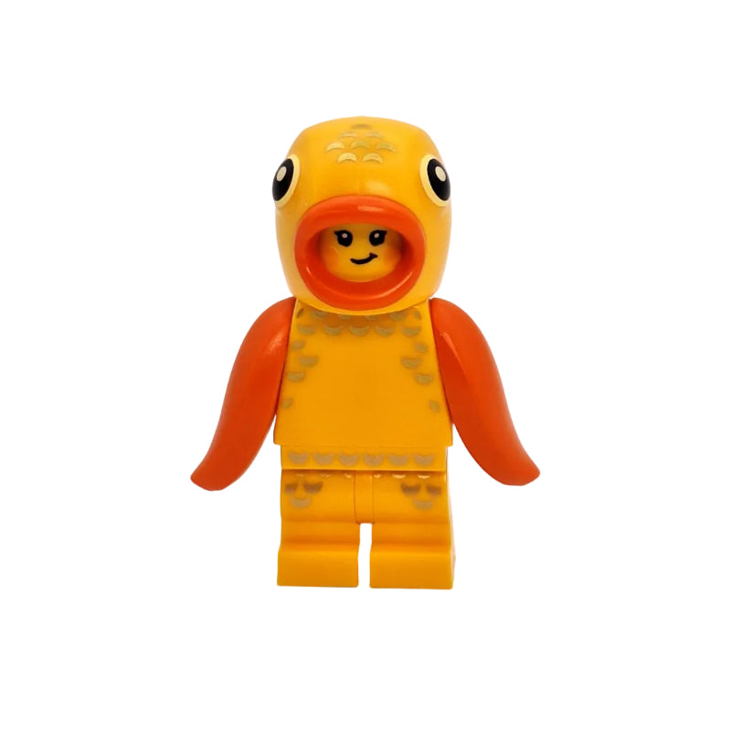 Toy figure with a yellow face and orange body on a white background