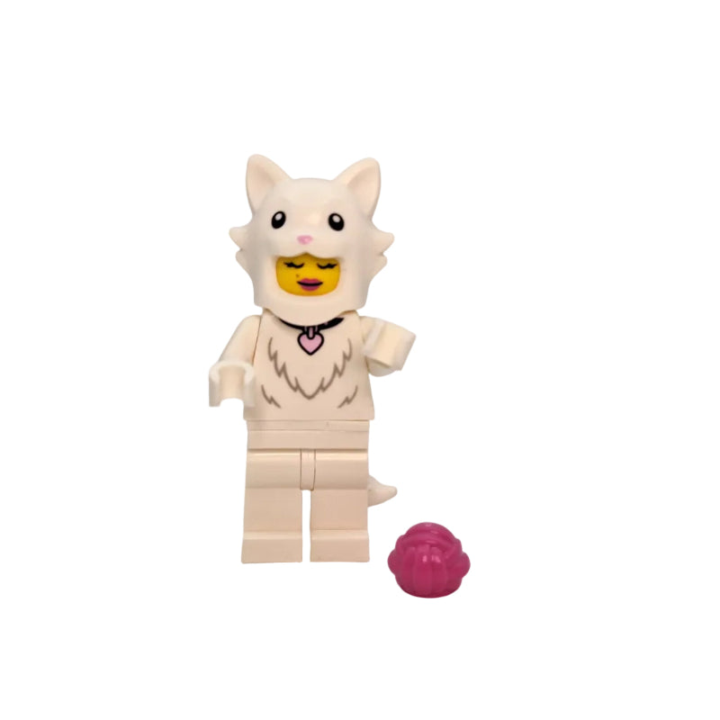 LEGO minifigure of a cat with a pink ball on a gray background