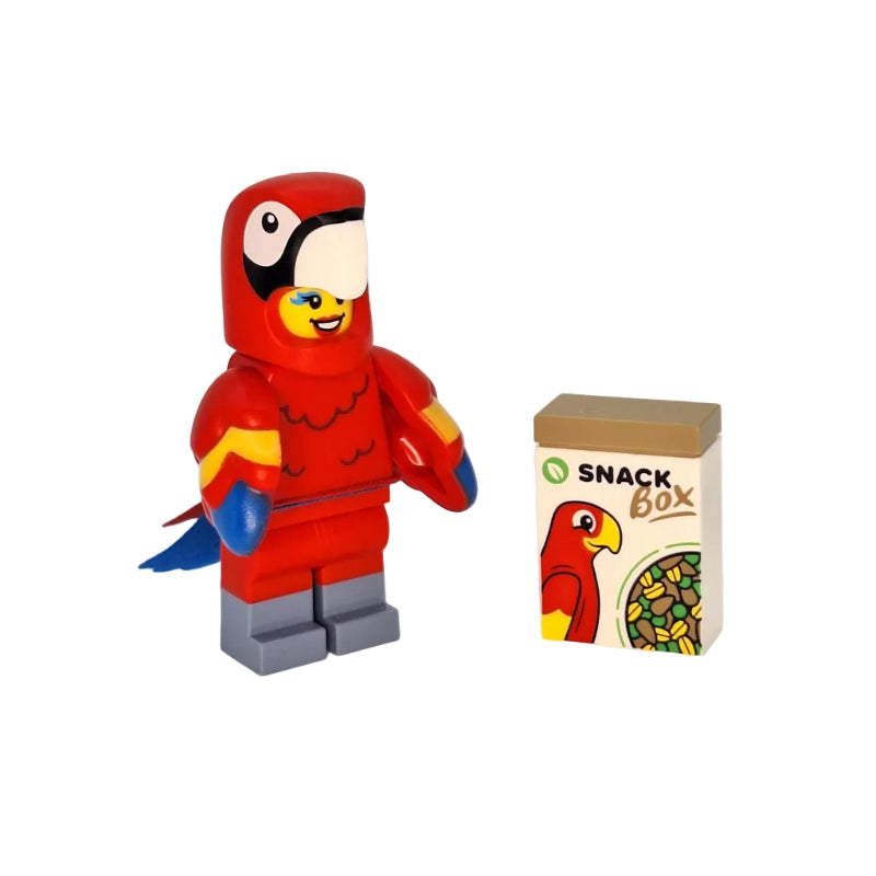Toy figure of a red parrot character next to a 'Snack Box' with a parrot design on a white background