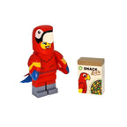 Toy figure of a red parrot character next to a 'Snack Box' with a parrot design on a white background