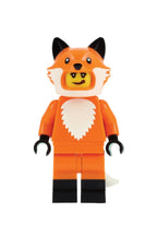 Toy figure of a fox with an orange body and black ears on a gradient background