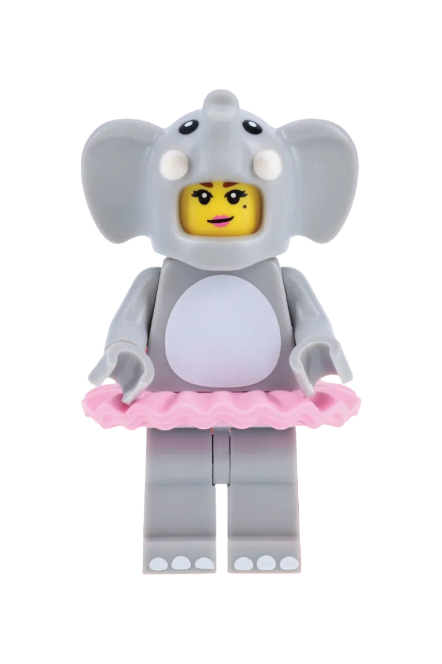 LEGO minifigure in an elephant costume with a pink skirt on a red background