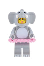 LEGO minifigure in an elephant costume with a pink skirt on a red background