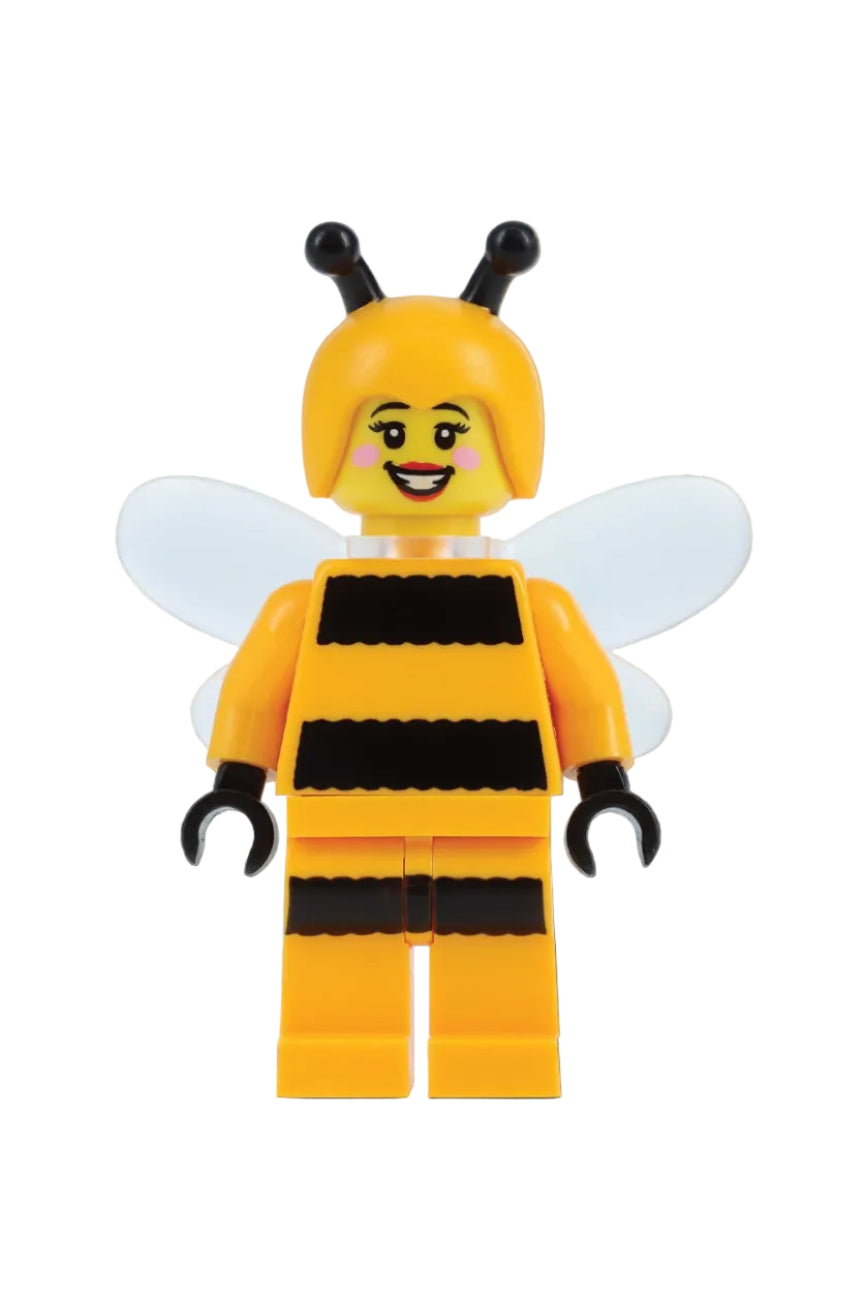 LEGO bee minifigure with yellow body, black stripes, and white wings on a gradient background