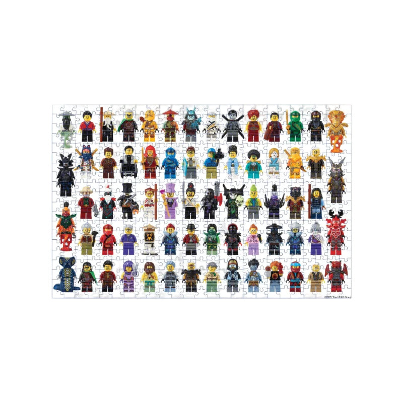 Collection of various LEGO minifigures arranged in a grid on a white background.