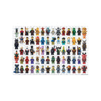 Collection of various LEGO minifigures arranged in a grid on a white background.