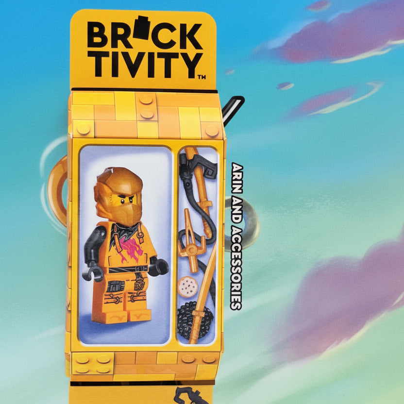 Toy figure and accessories in a 'Bricktivity' packaging with colorful background