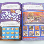 Open book with colorful illustrations and text on a white background