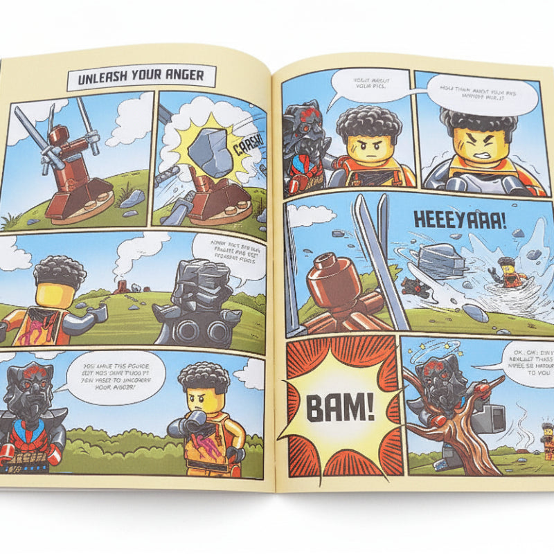 Comic book page with LEGO character illustrations on a light blue background