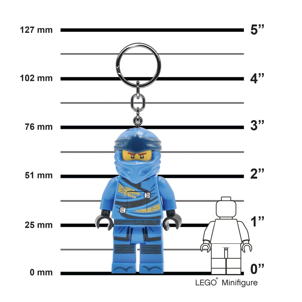 Blue LEGO minifigure keychain with measurement scale on a white background