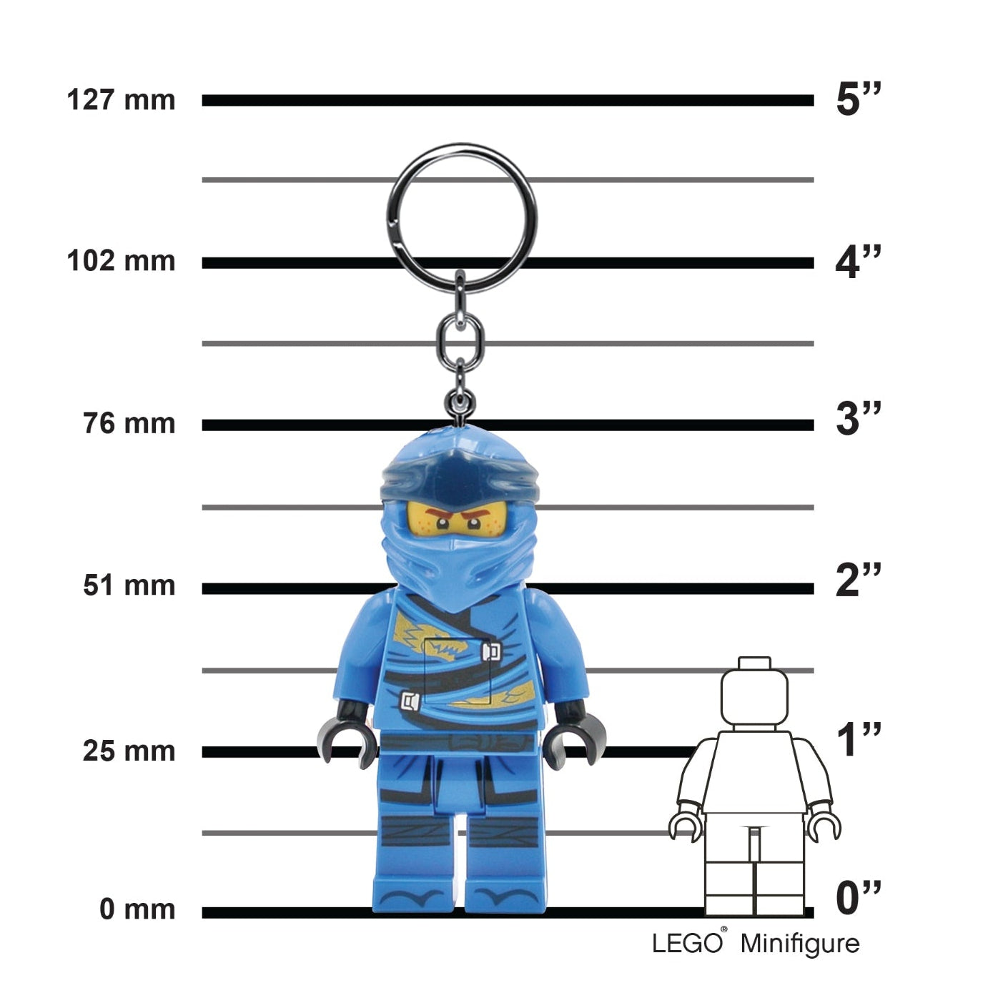 Blue LEGO minifigure keychain with measurement scale on a white background