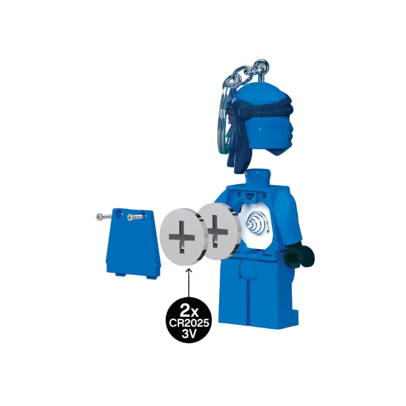 Blue robot keychain with battery pack and labeled batteries on a white background