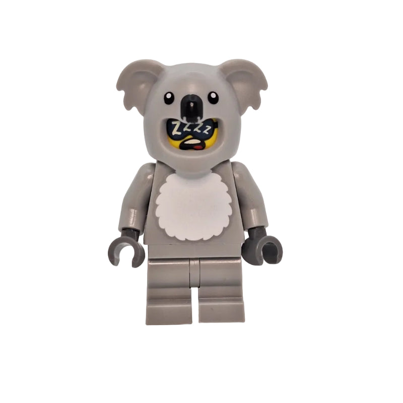 Gray koala-like LEGO figure with a white belly on a light gray background