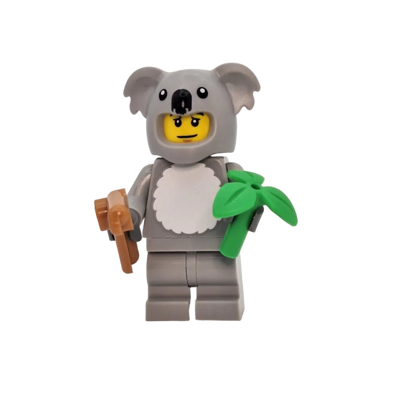 LEGO minifigure of a koala holding a eucalyptus leaf on a white background