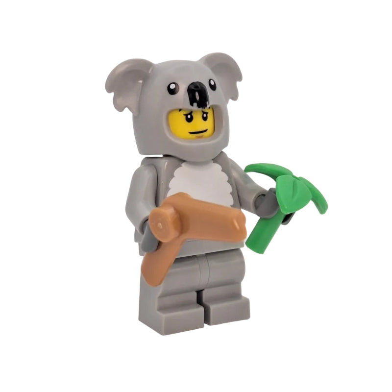 LEGO minifigure of a koala holding a branch and eucalyptus leaf on a white background
