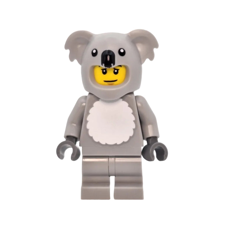 LEGO minifigure in a koala costume on a white background