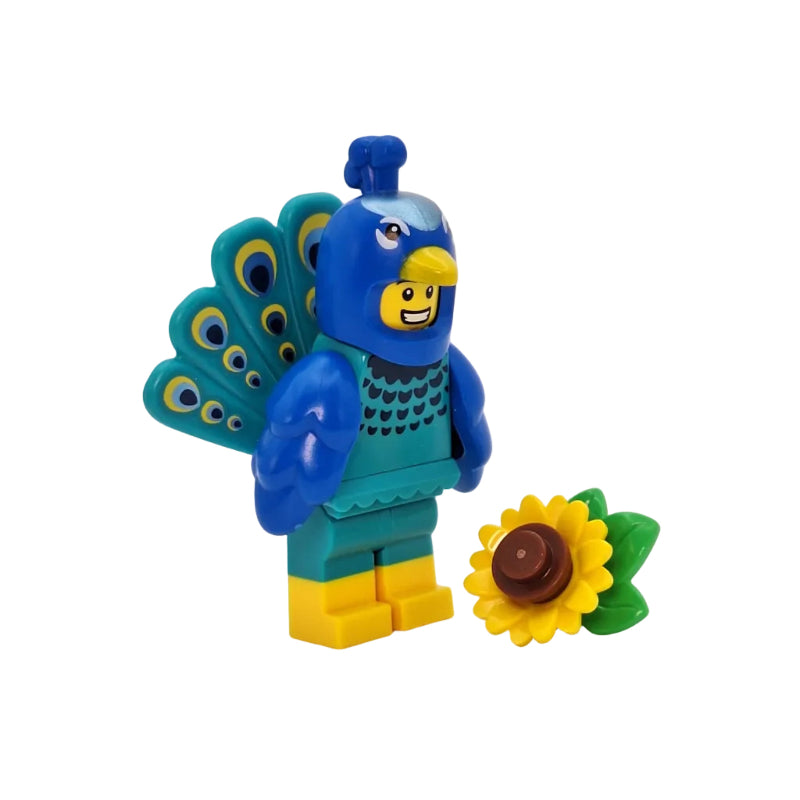 Toy figure of a peacock with a sunflower on a white background
