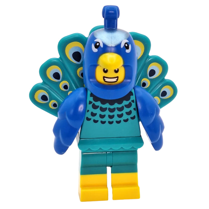 Peacock-themed toy with a yellow center on a white background