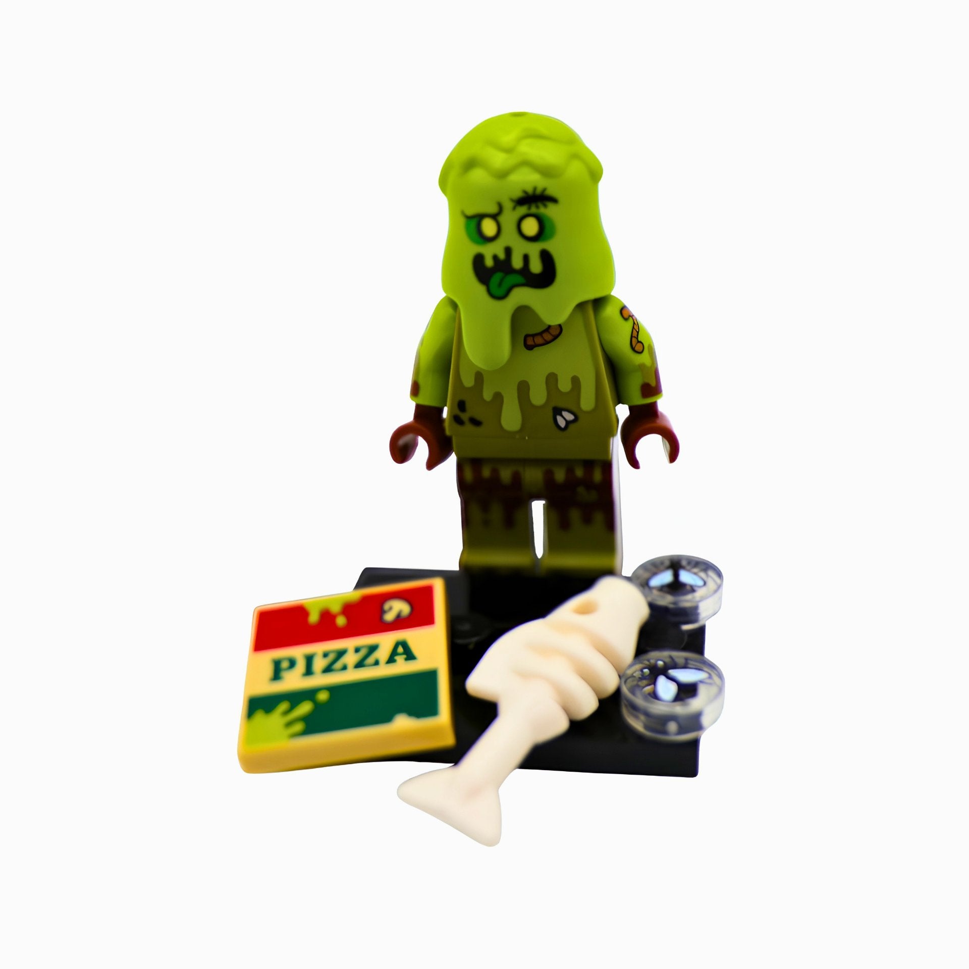 Zombie-themed LEGO minifigure with a pizza box and bone on a white background