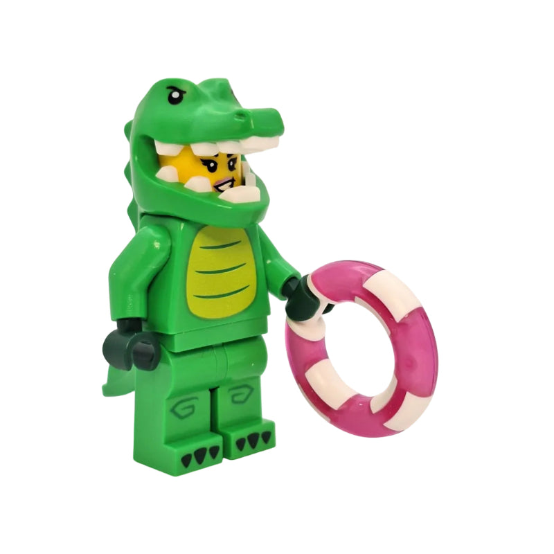 Green toy figure with a yellow face holding a pink life preserver on a white background
