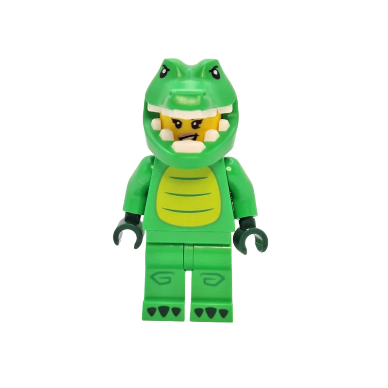 Green crocodile toy with a yellow face on a white background