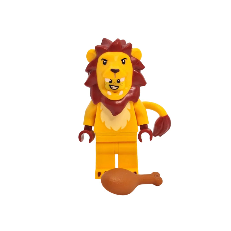 Toy figure of a lion with a brown ball on a white background