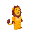 Toy figure of a lion with a yellow body and brown mane on a white background