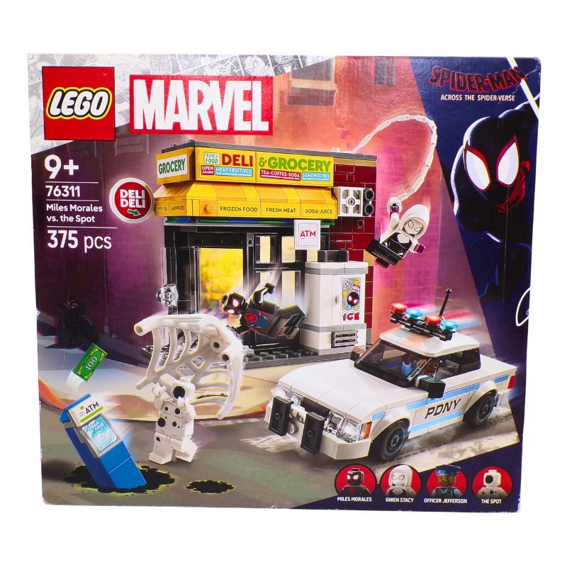 LEGO Marvel Miles Morales vs. The Spot set packaging with police car and building.