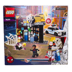LEGO Marvel Spider-Man set packaging with police car and characters on a city street background.