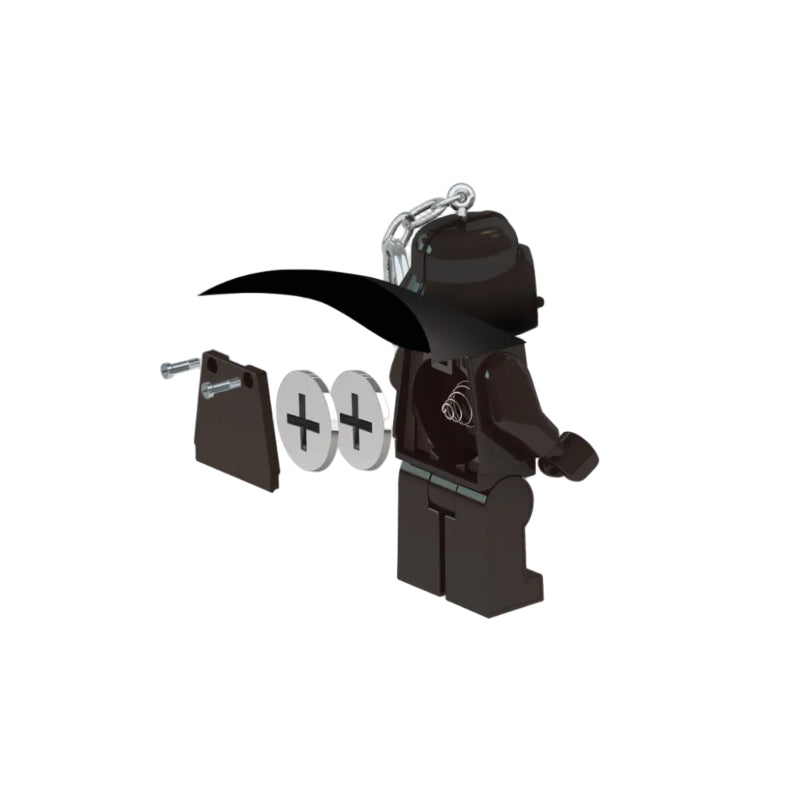 Black Lego figure with a scythe on a white background