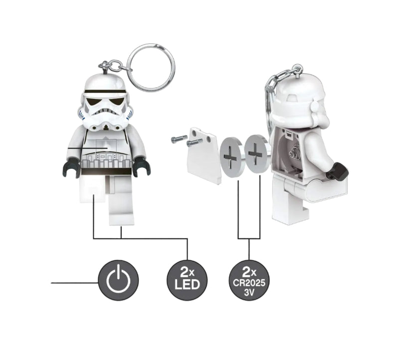 Stormtrooper keychain with LED light and battery indicators on a white background
