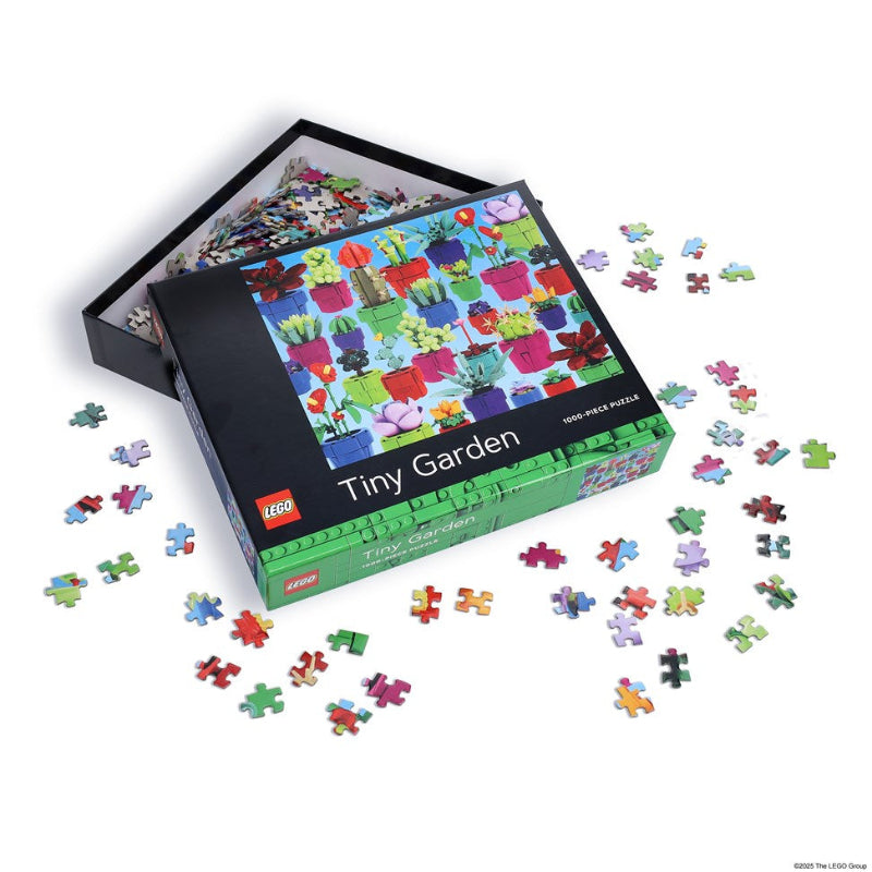 LEGO Tiny Garden puzzle set with pieces scattered on a white background