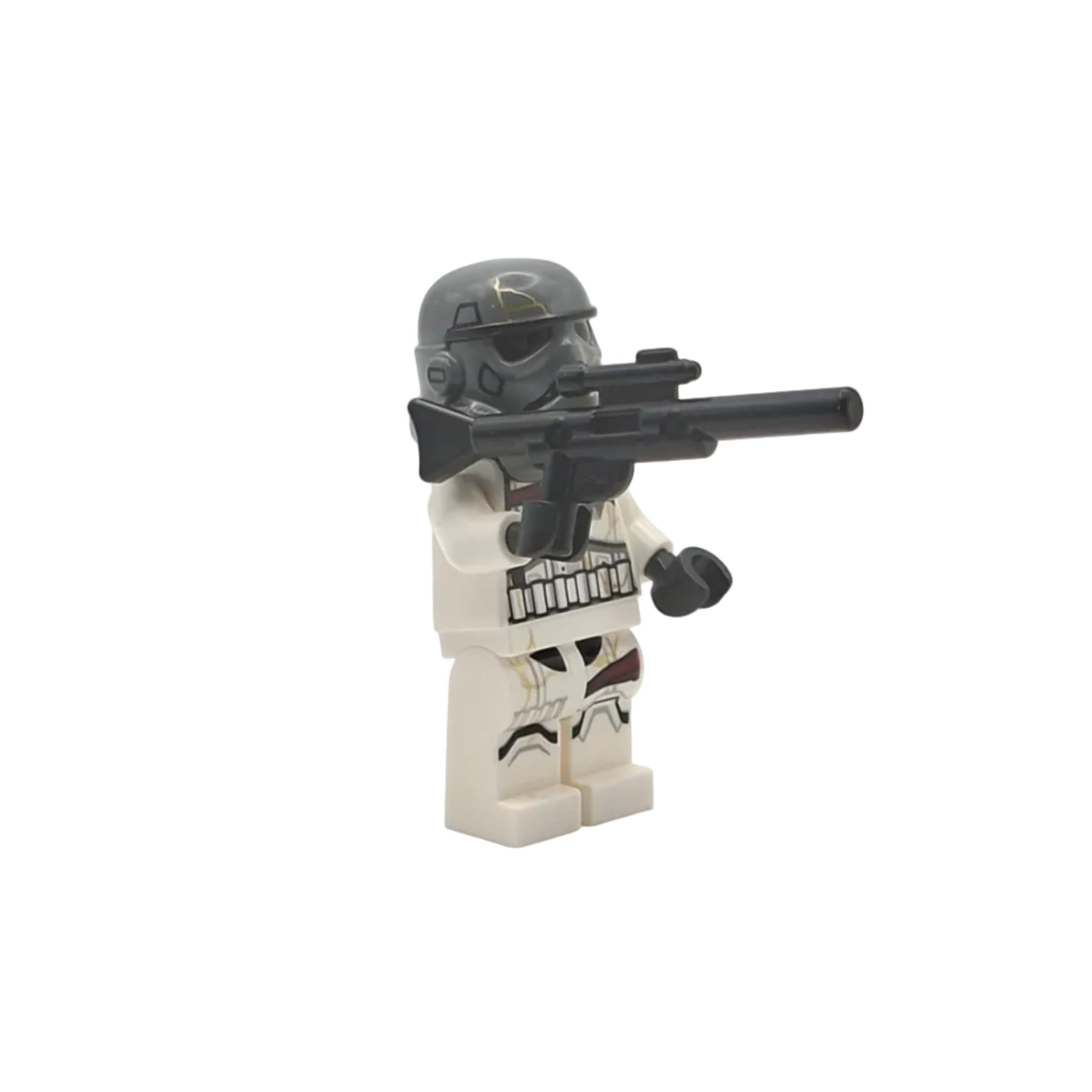 Minifigure in stormtrooper costume with weapon on a white background