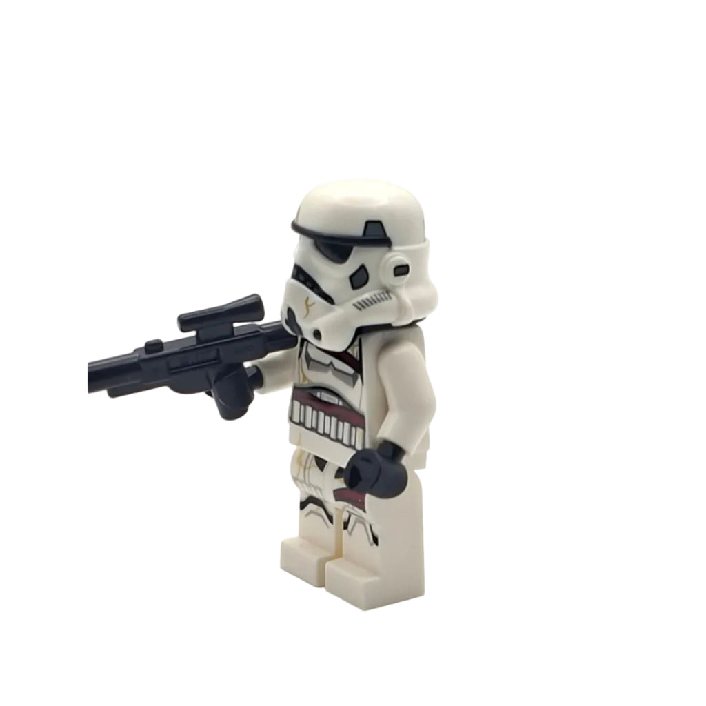 LEGO stormtrooper figure holding a rifle on a white background