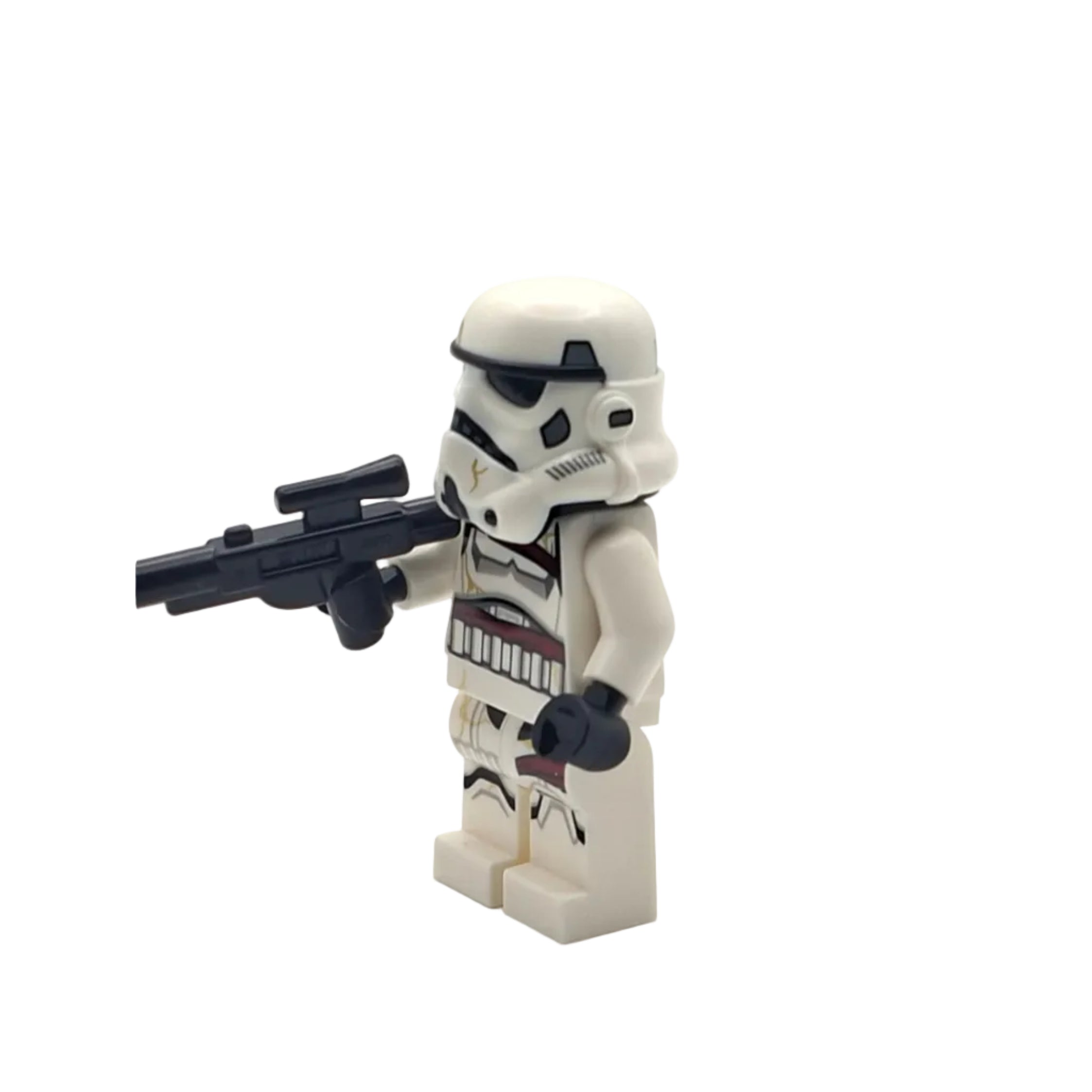 LEGO stormtrooper figure holding a rifle on a white background