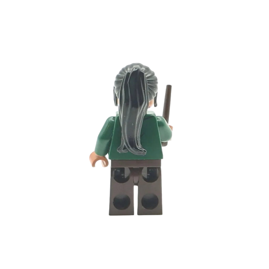 LEGO minifigure with green shirt and gray hair holding a broomstick on a white background